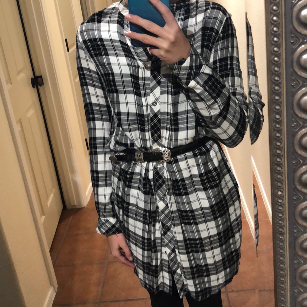 Gray and black long dressy shirt.
